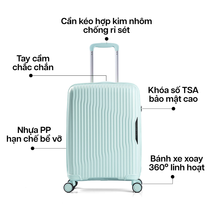 Ảnh Vali Kéo MIAvn Larita ROTA - Size 20/24/28, Nhựa PP Dẻo Siêu Bền, Hạn Chế Bể Vỡ, Khoá TSA,Bảo Hành Trọn Đời 4