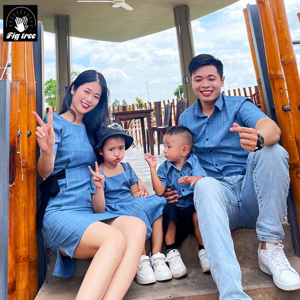 Đồng Phục Sơ Mi Váy Gia Đình Fig Tree Caro Xanh Biển Mã 164A Siêu Yêu