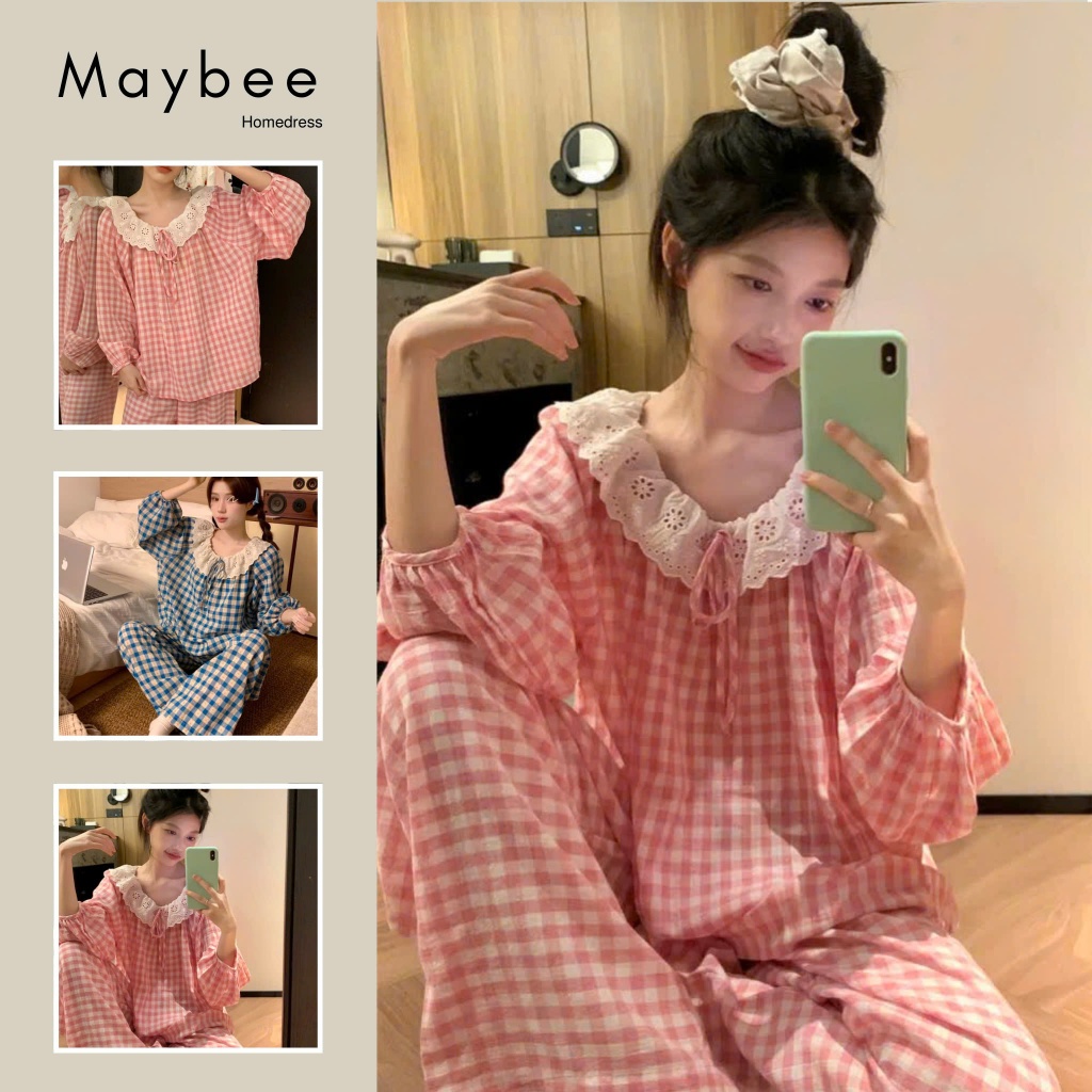 Bộ đồ ngủ caro phối ren form rộng Maybee Homedress Shopee Việt Nam