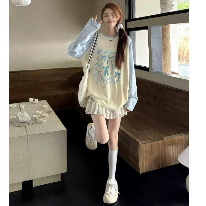 Áo thun nữ tay dài phối màu trắng xanh in hình pastel siêu xinh JULYFASHION, áo thun tay dài chất thun xượt Hàn Quốc