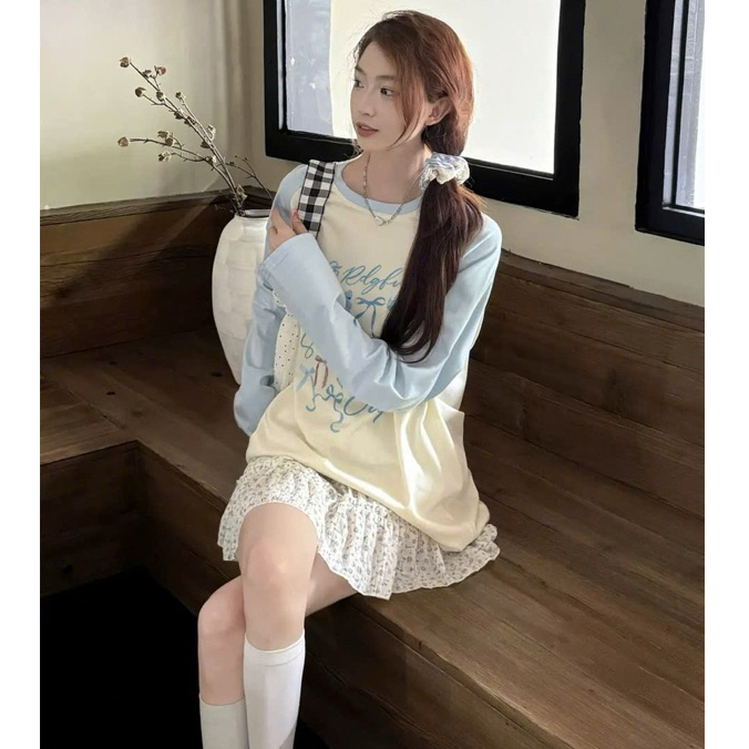 Áo thun nữ tay dài phối màu trắng xanh in hình pastel siêu xinh JULYFASHION, áo thun tay dài chất thun xượt Hàn Quốc