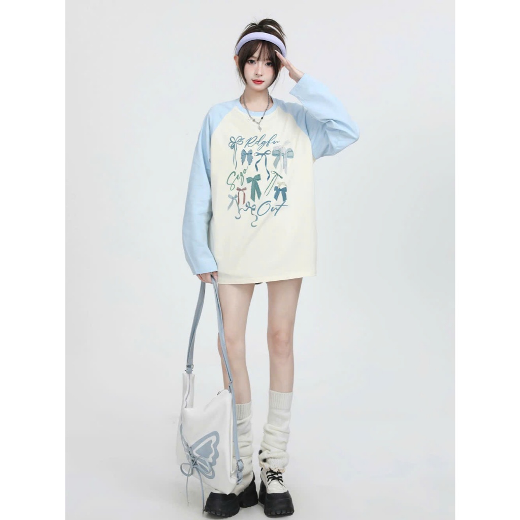 Áo thun nữ tay dài phối màu trắng xanh in hình pastel siêu xinh JULYFASHION, áo thun tay dài chất thun xượt Hàn Quốc