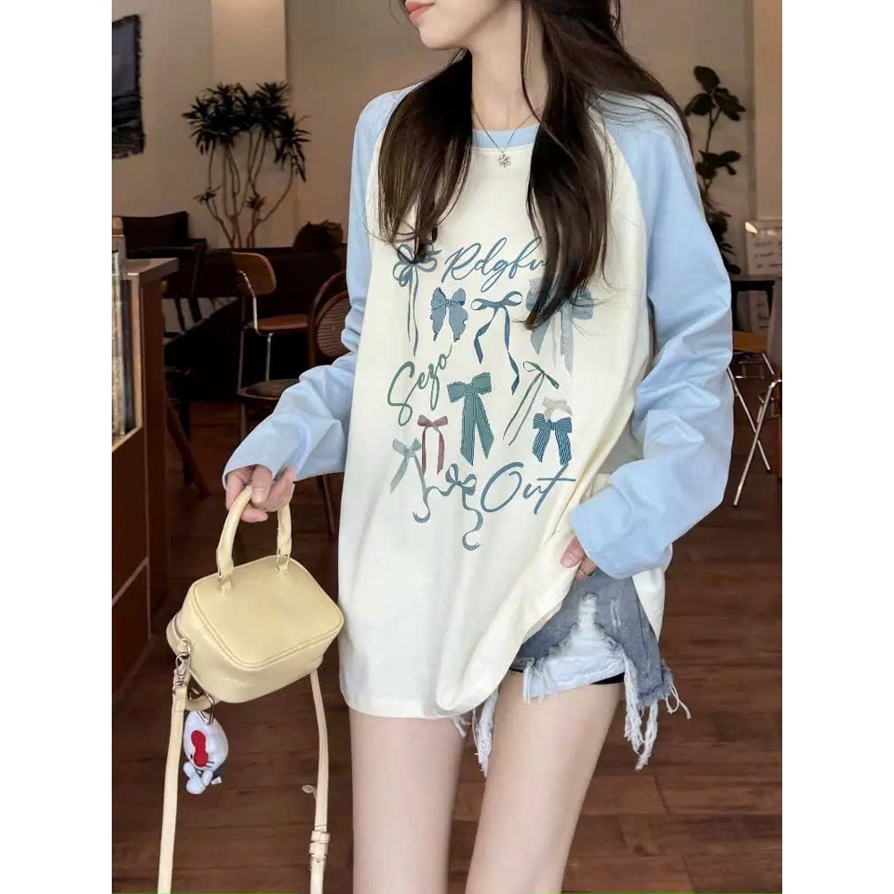 Áo thun nữ tay dài phối màu trắng xanh in hình pastel siêu xinh JULYFASHION, áo thun tay dài chất thun xượt Hàn Quốc