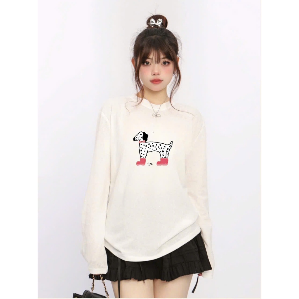 Áo thun tay dài cổ tròn nữ In hình dể thương JULY,Áo thun nữ dáng rộng in hình chất xược cotton, thun giấy