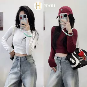 Áo thun nữ Hari dáng ngắn cổ tròn dài tay