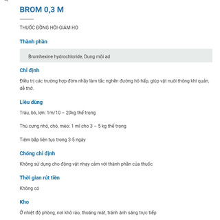 Brom 0.3M chai 100ml VB Pharma giảm ho long đờm thông giãn khí quản ở chó mèo gia súc gia cầm