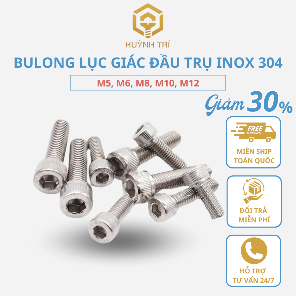 Bulong lục giác đầu trụ Inox 304 M4, M5, M6, M8, M10, ốc lục giác inox ...