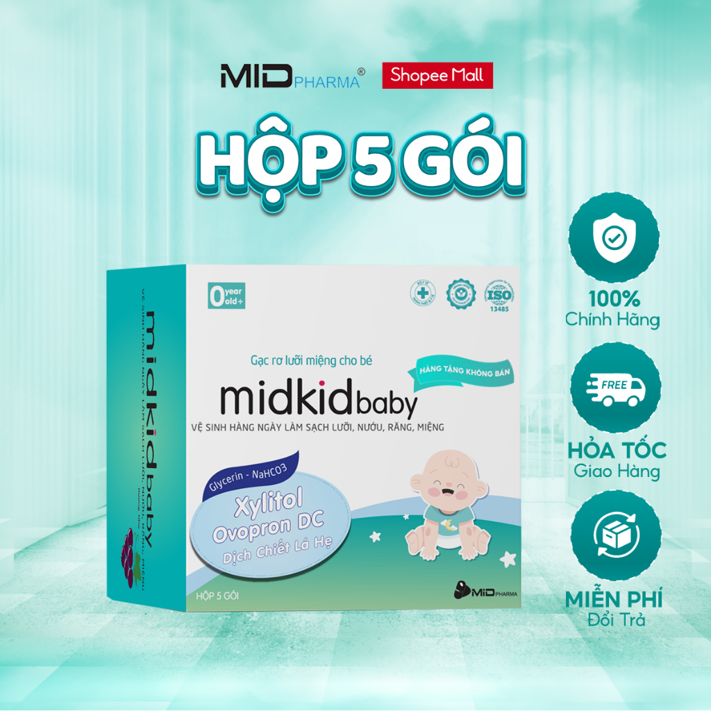 Ảnh Gạc rơ lưỡi Midkidbaby đạt tiêu chuẩn iso 5 sao, hộp 05 gói ướt, giúp làm sạch răng, lưỡi, nướu 1
