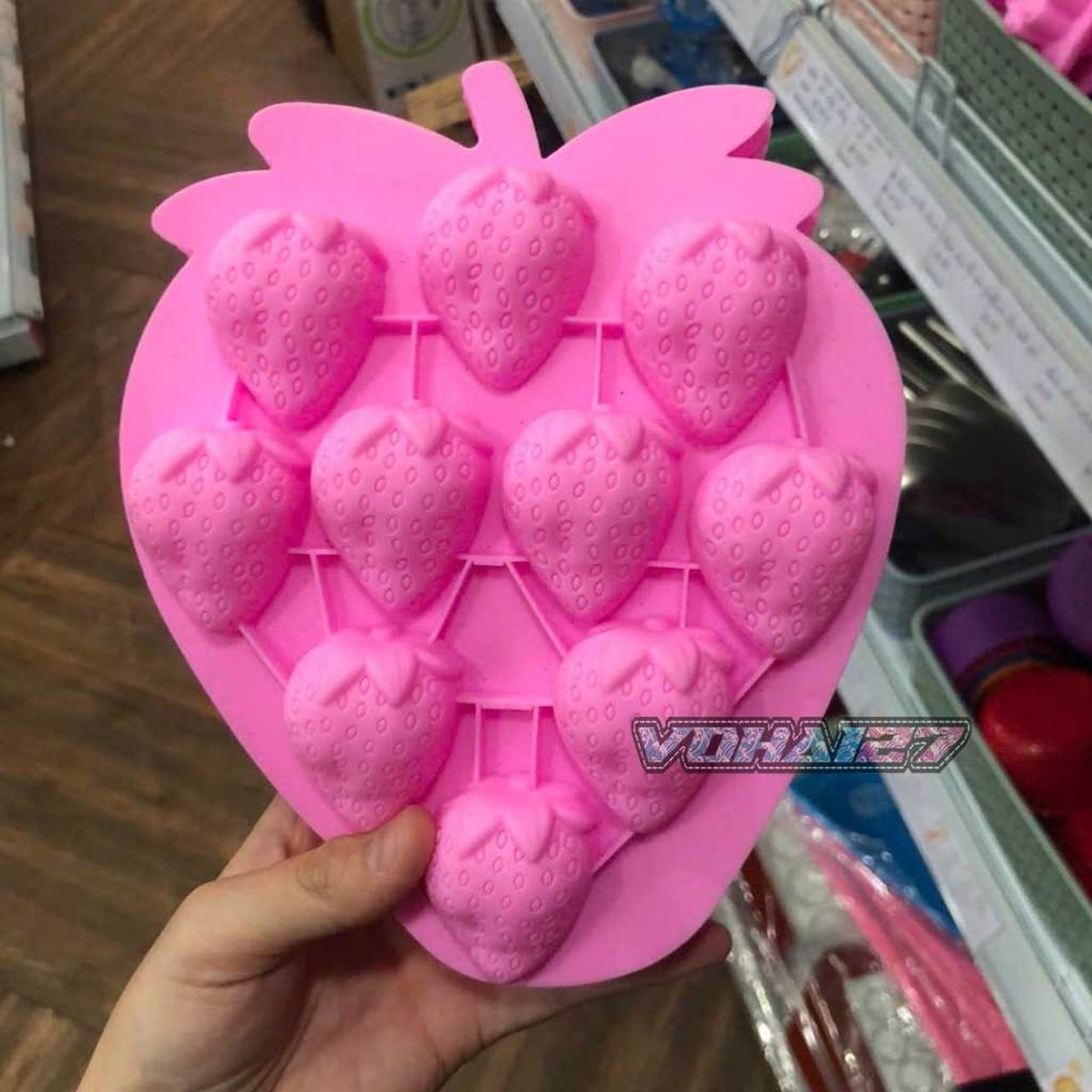 Khuôn Silicon Hình 10 Quả Dâu Tây Xinh Xắn Làm Thạch Rau Câu, Pudding, Chocolate Chịu Nhiệt Cao