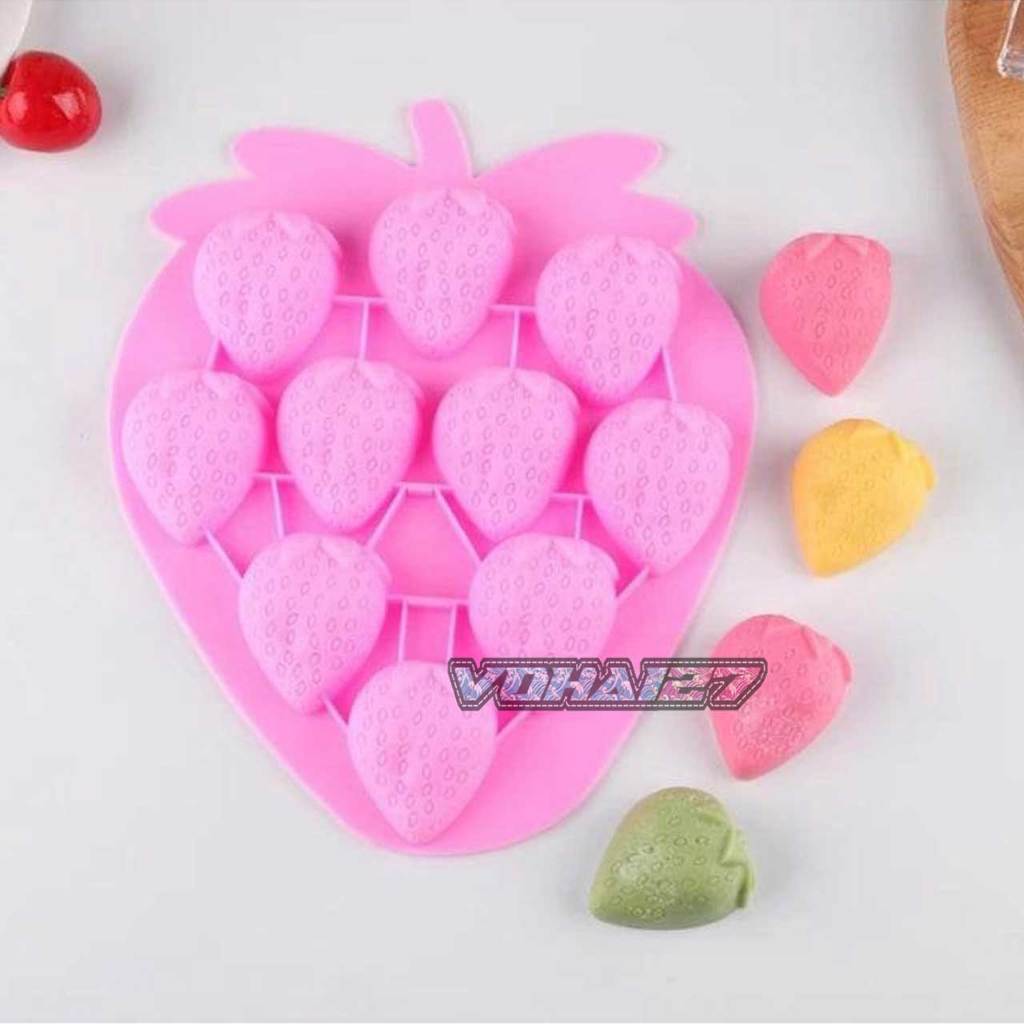 Khuôn Silicon Hình 10 Quả Dâu Tây Xinh Xắn Làm Thạch Rau Câu, Pudding, Chocolate Chịu Nhiệt Cao