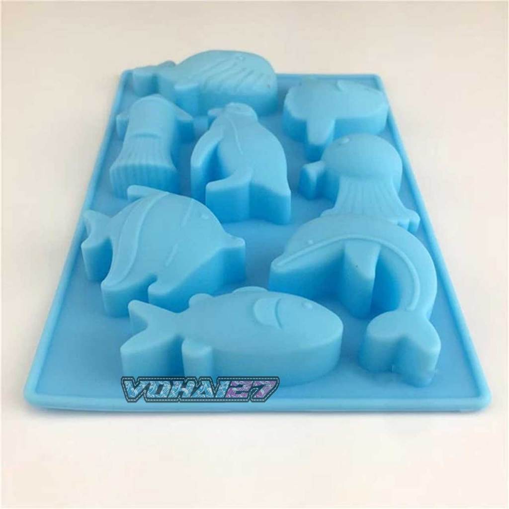 Khuôn silicon vỉ 8 sinh vật biển cá mực chim cánh cụt