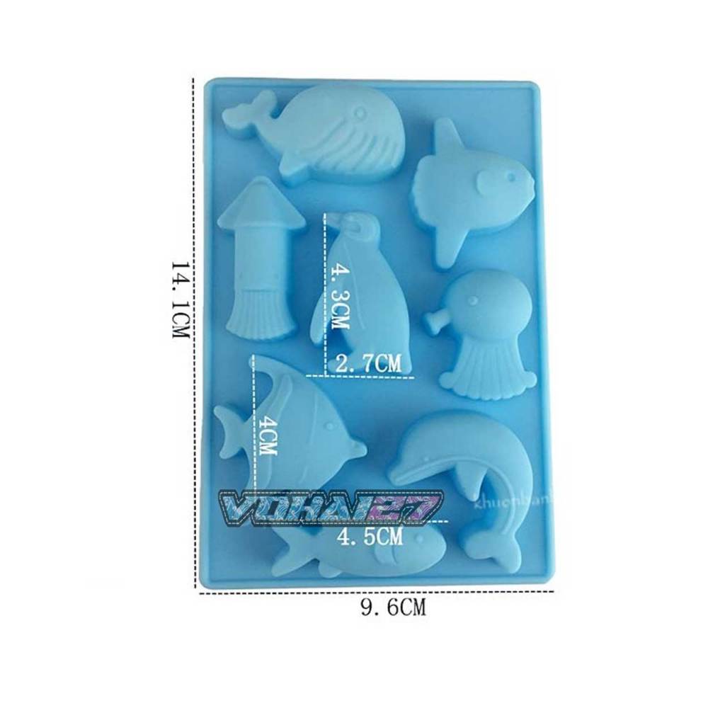 Khuôn silicon vỉ 8 sinh vật biển cá mực chim cánh cụt