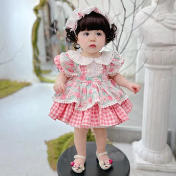 (Form Nhỏ)Váy Công Chúa Lolita Cổ Sen Hoa Hồng Sét Váy Tuban Cho Bé Gái 4-16 Kg,Váy Cho Bé Đầy Tháng Sinh N