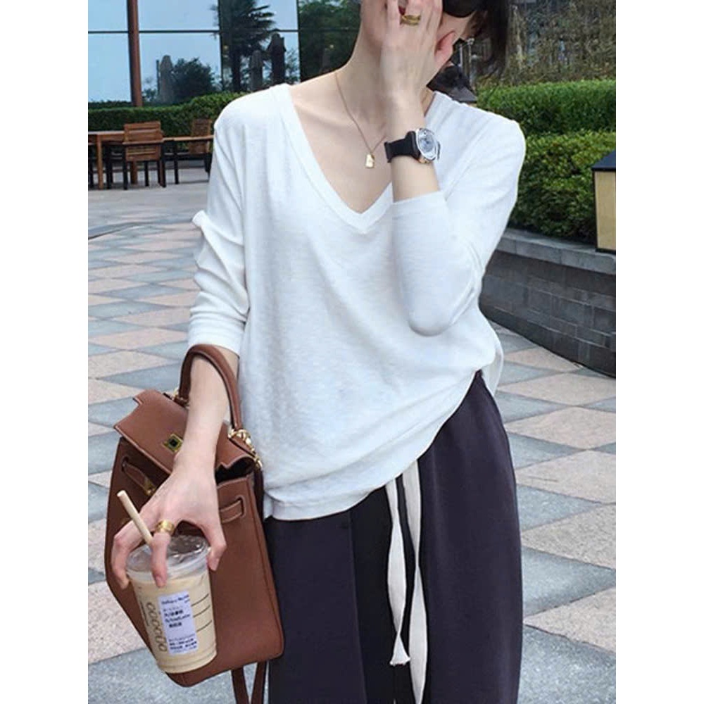 Áo thun Nữ tay dài cổ V, Áo thun cổ tim dài tay JULY fashion, Chất thun xược cotton mềm mịn, phom rộng dáng dài