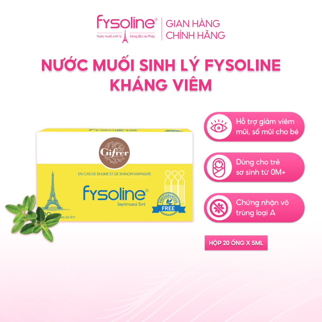 Nước Muối Sinh Lý Fysoline Vàng Pháp Kháng Khuẩn Hỗ Trợ Giảm Viêm Mũi, Sổ Mũi - Hộp 20 ống x 5ml