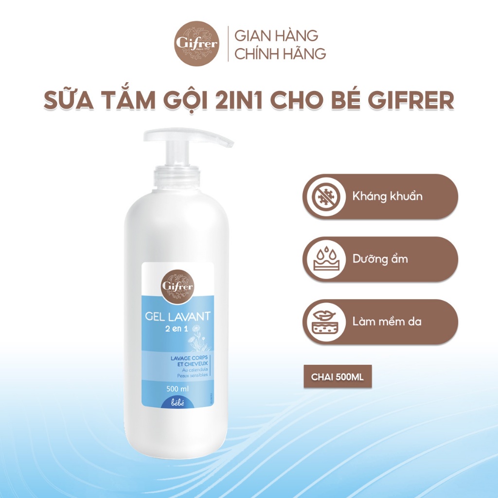 Sữa Tắm Gội 2 trong 1 cho bé Gifrer 500ml - Tinh chất Cúc Vạn Thọ Kháng khuẩn tăng cường độ ẩm - Fysoline