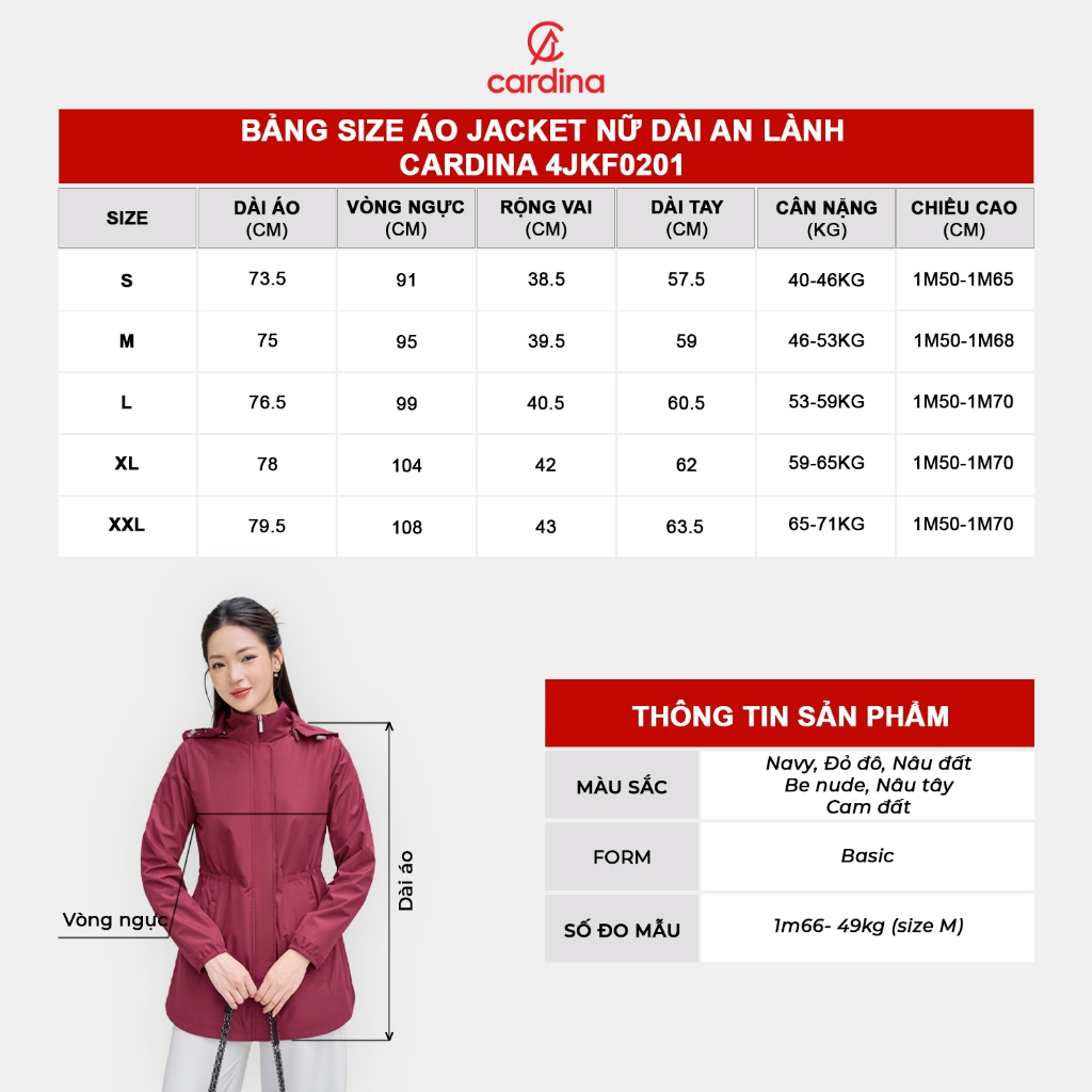 Ảnh Áo khoác jacket nữ An Lành CARDINA chất liệu gió tráng nhựa 50D cản gió cản nước kiểu dáng trẻ trung 4JKF02 3