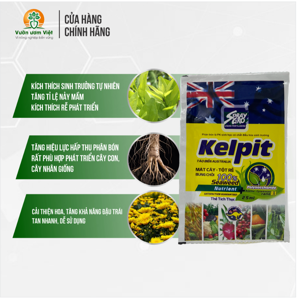 Phân bón Kelpit chiết suất Rong biển từ Úc kích sinh trưởng, Tốt cây - Mát Rễ - Gói 25ml