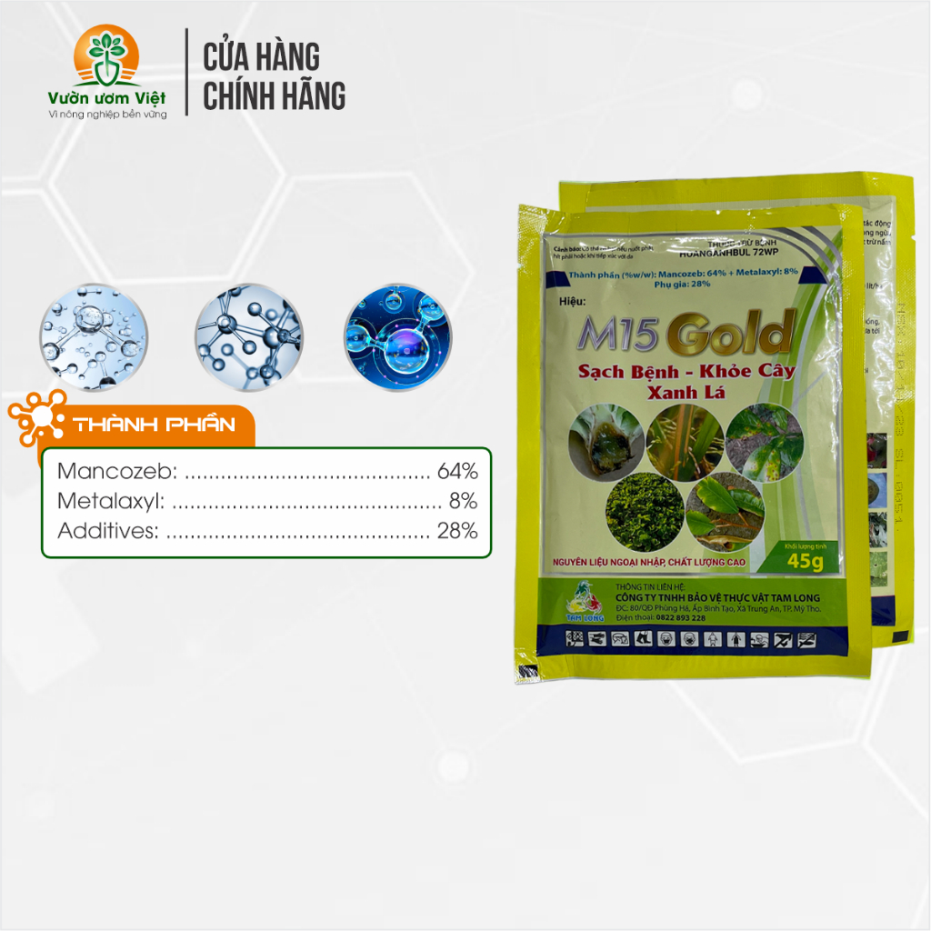 Thuốc trừ bệnh M15 Gold trị thán thư, cháy lá, xì mủ, sương mai, nấm hồng, lở cổ rễ, bạc lá - 45gr