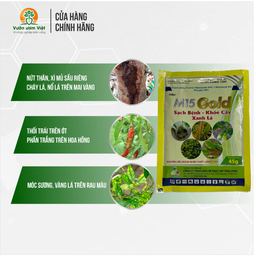 Thuốc trừ bệnh M15 Gold trị thán thư, cháy lá, xì mủ, sương mai, nấm hồng, lở cổ rễ, bạc lá - 45gr
