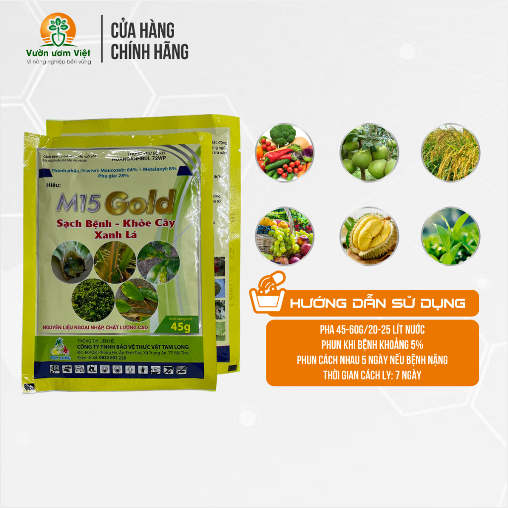 Thuốc trừ bệnh M15 Gold trị thán thư, cháy lá, xì mủ, sương mai, nấm hồng, lở cổ rễ, bạc lá - 45gr