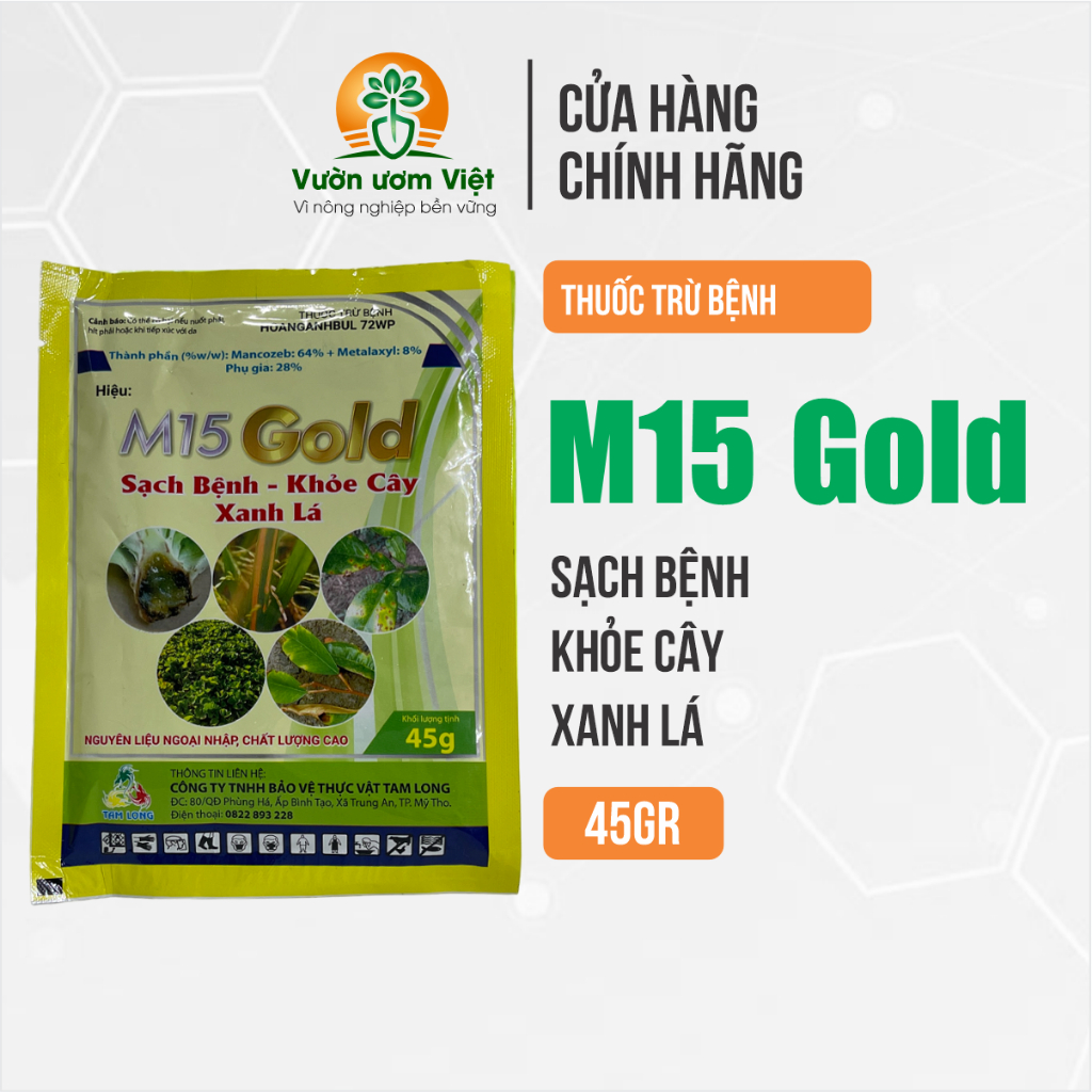 Thuốc trừ bệnh M15 Gold trị thán thư, cháy lá, xì mủ, sương mai, nấm hồng, lở cổ rễ, bạc lá - 45gr