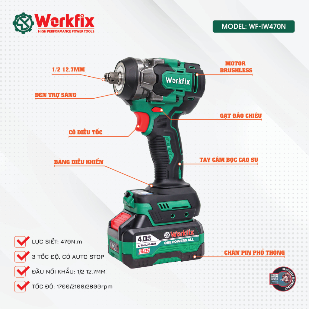 [TẶNG 26 PHỤ KIỆN] Máy Siết Bulong Workfix WF-IW470N - Điều Tốc 3 Cấp - Chuyên Mở Ốc Bé Hơn 28mmTính Năng