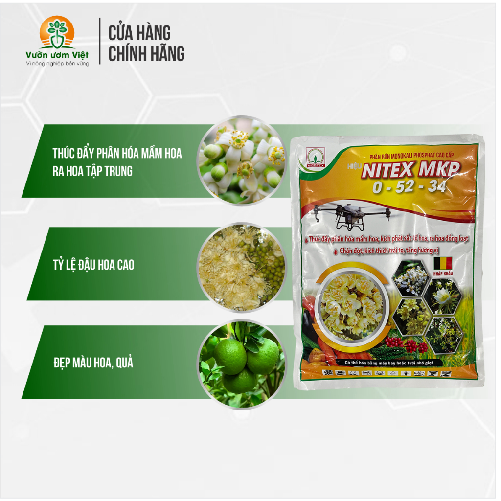 Nitex MKP 0-52-35 kích mầm hoa, chặn đọt hiệu quả, kích ra hoa đồng loạt, chống rụng hoa - 1Kg