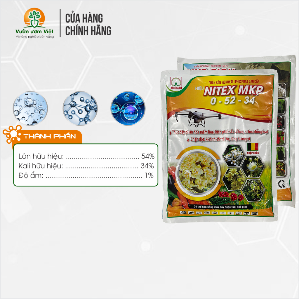 Nitex MKP 0-52-35 kích mầm hoa, chặn đọt hiệu quả, kích ra hoa đồng loạt, chống rụng hoa - 1Kg