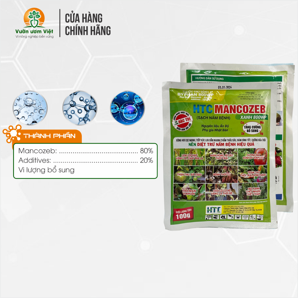 Thuốc trừ bệnh Mancozeb 800WP chuyên trị thối nhũn, vàng lá, thán thứ và nấm bệnh phổ rộng - 100gr