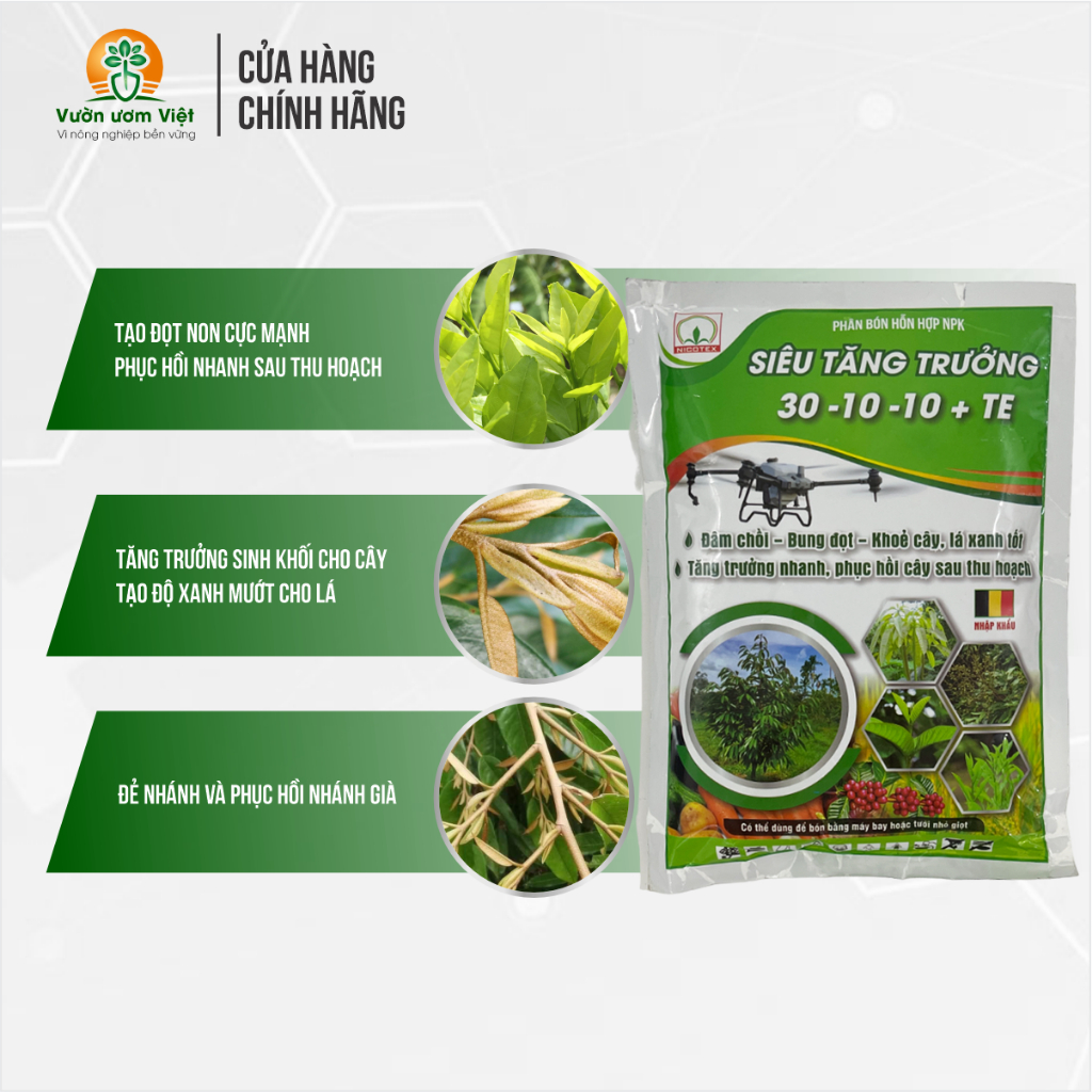 Phân bón SIÊU TĂNG TRƯỞNG 30-10-10+TE nuôi dưỡng cây trồng tận sâu bên trong, dưỡng cây toàn diện
