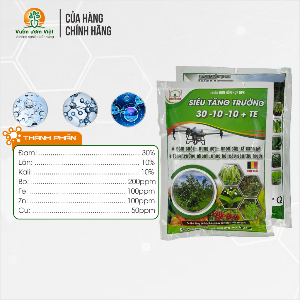 Phân bón SIÊU TĂNG TRƯỞNG 30-10-10+TE nuôi dưỡng cây trồng tận sâu bên trong, dưỡng cây toàn diện