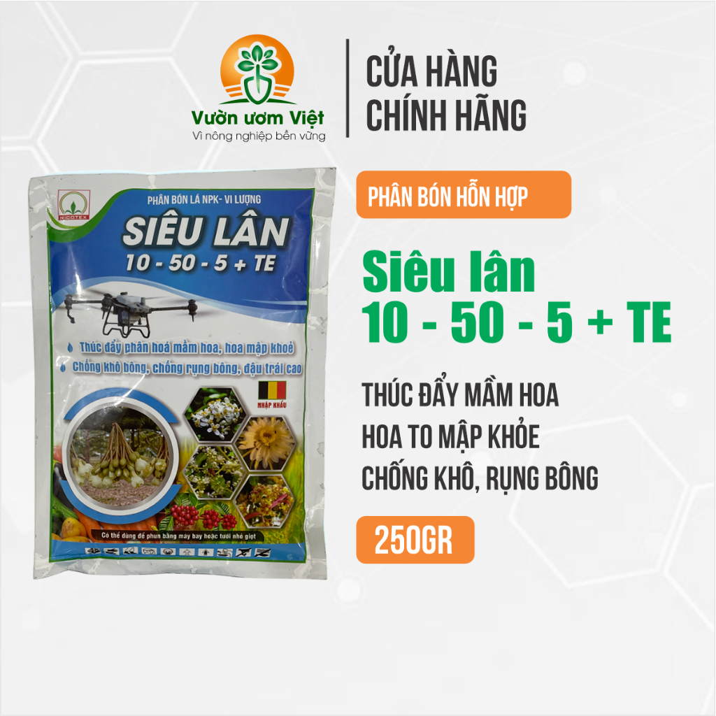 SIÊU LÂN 10-50-5+TE chuyên tạo mầm hoa, ra hoa cực mạnh, phát rễ nhiều, tưới phun đều được - 250gr