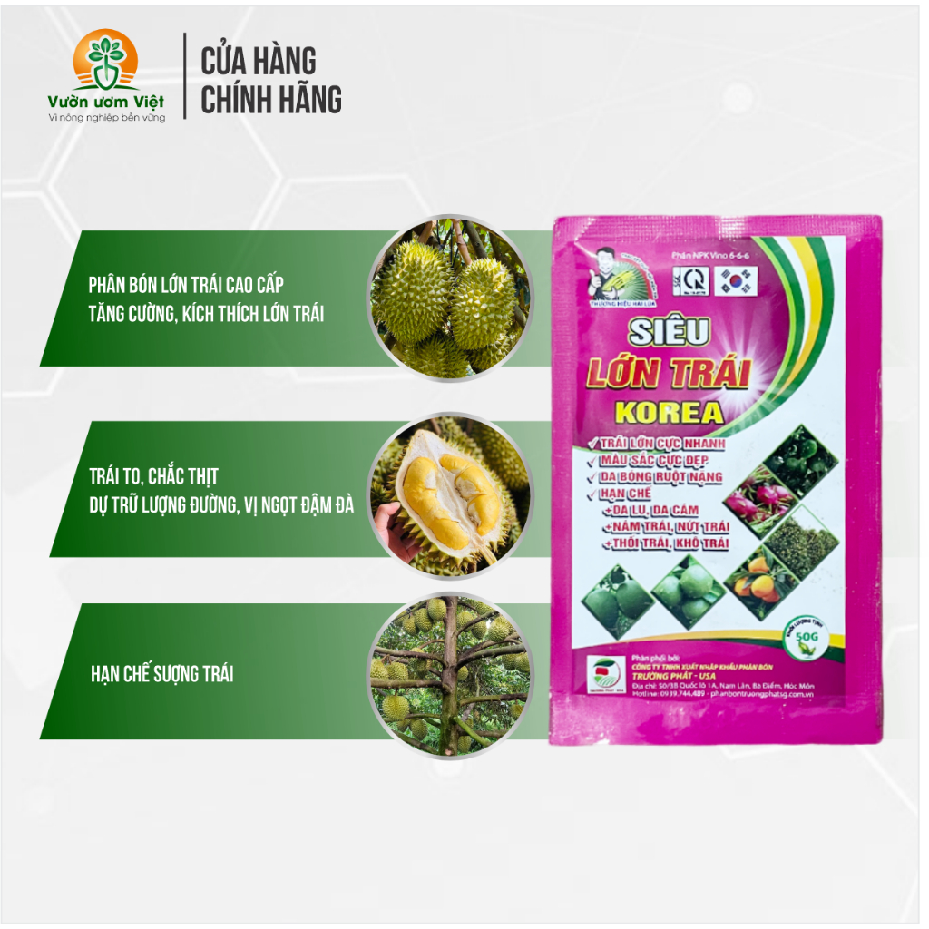 Phân bón SIÊU LƠN TRÁI KOREA chuyên dưỡng trái to, hạn chế rụng trái, ngọt quả, săn chắc cơm - 50gr