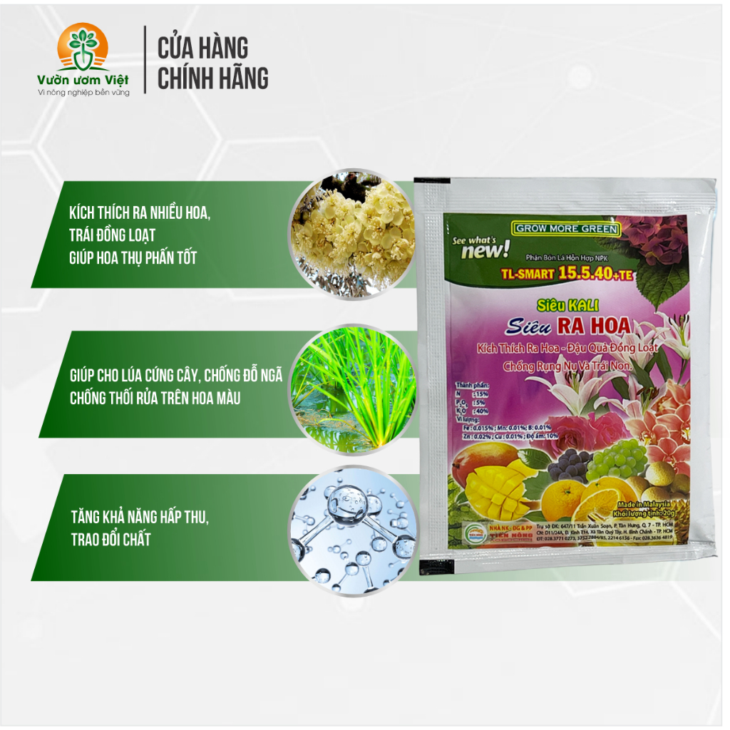 Phân bón Siêu Kali Siêu ra hoa dưỡng hoa to khỏe, mùi thơm lâu, hoa to, hạn chế rung, làm dai cuốn