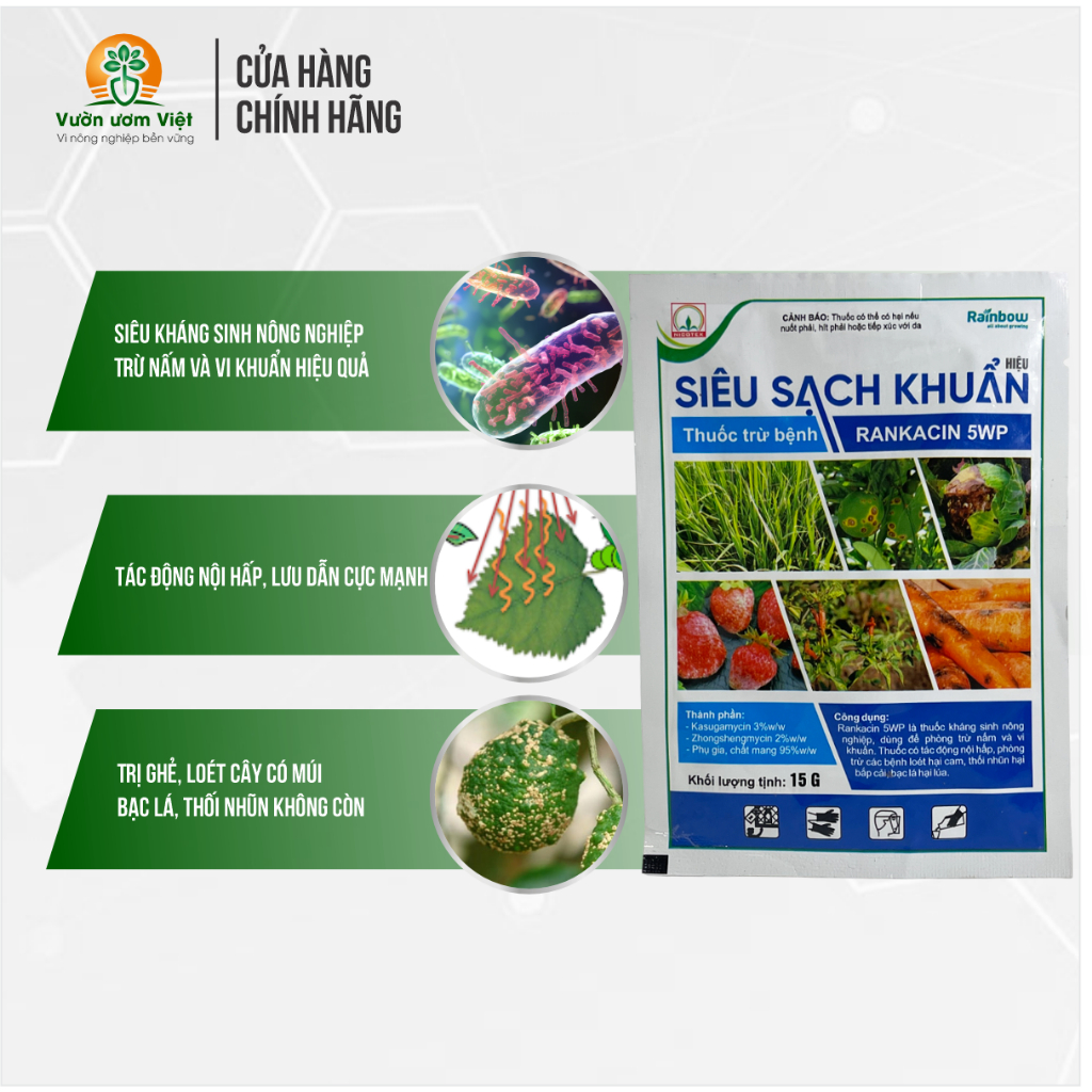 Thuốc trừ bệnh SIÊU SẠCH KHUẨN 5WP diệt vi khuẩn trị triệt để héo xanh, chết nhanh, bạc lá,... 15gr