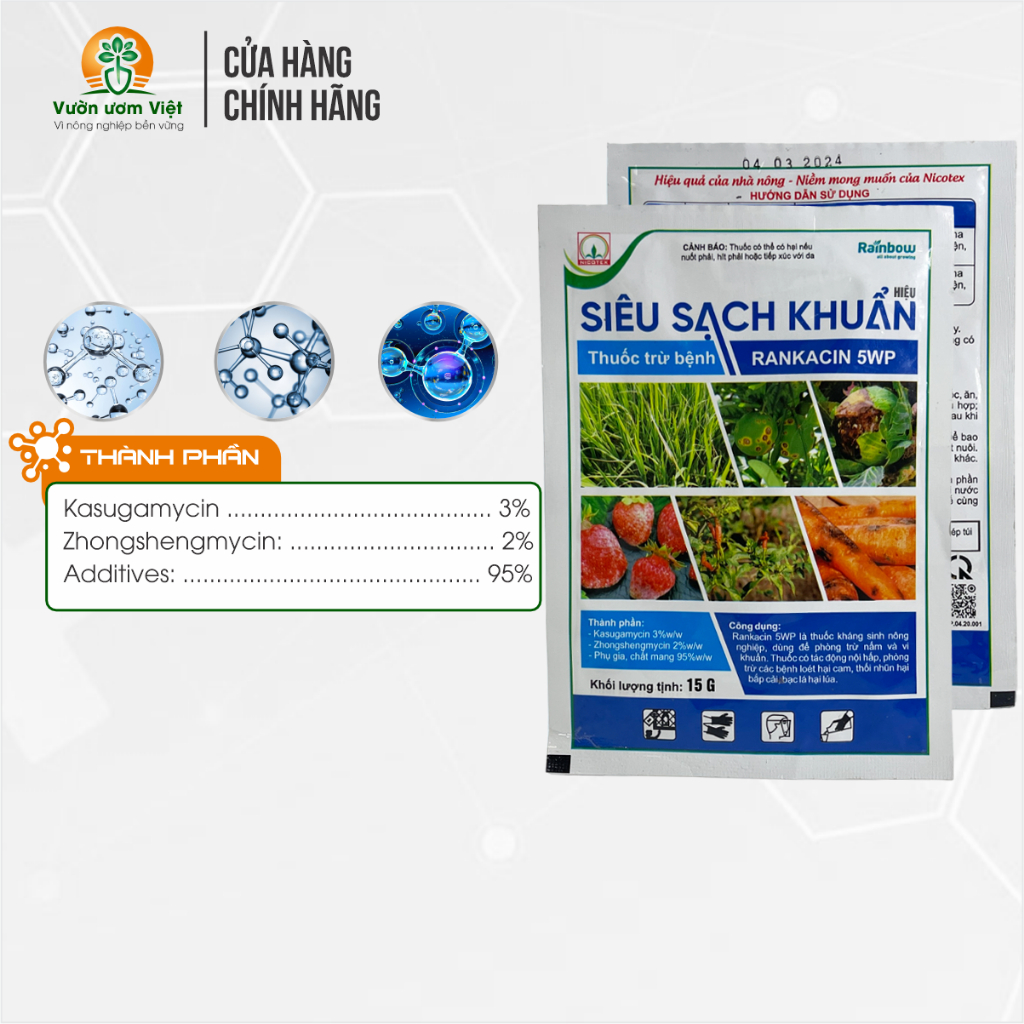 Thuốc trừ bệnh SIÊU SẠCH KHUẨN 5WP diệt vi khuẩn trị triệt để héo xanh, chết nhanh, bạc lá,... 15gr