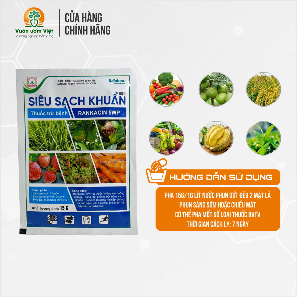 Thuốc trừ bệnh SIÊU SẠCH KHUẨN 5WP diệt vi khuẩn trị triệt để héo xanh, chết nhanh, bạc lá,... 15gr