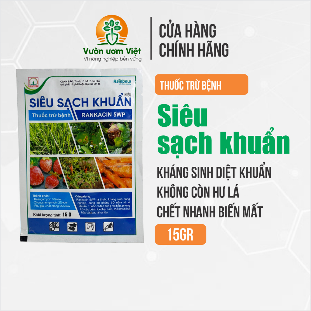 Thuốc trừ bệnh SIÊU SẠCH KHUẨN 5WP diệt vi khuẩn trị triệt để héo xanh, chết nhanh, bạc lá,... 15gr