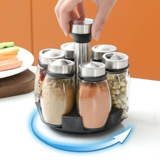 Bộ 6 Lọ Đựng Gia Vị Thủy Tinh Có Roong Cao Su Bảo Vệ Gia Vị Khỏi Ẩm Mốc Có Kèm Giá Để Xoay 360 Độ (hàng tốt)