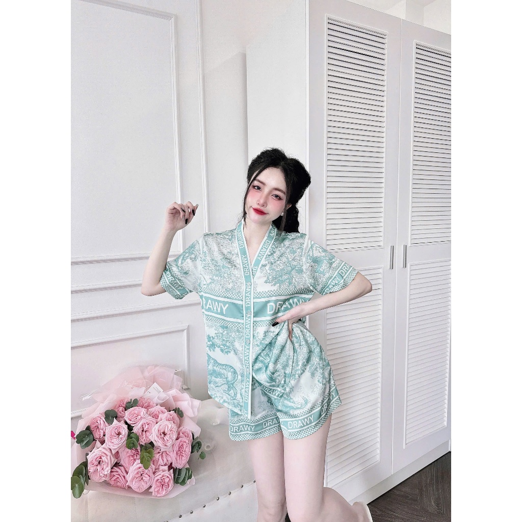 Đồ bộ ngủ nữ quần đùi cổ V chất lụa latin thoáng mát mềm mại dễ chịu s1103 new