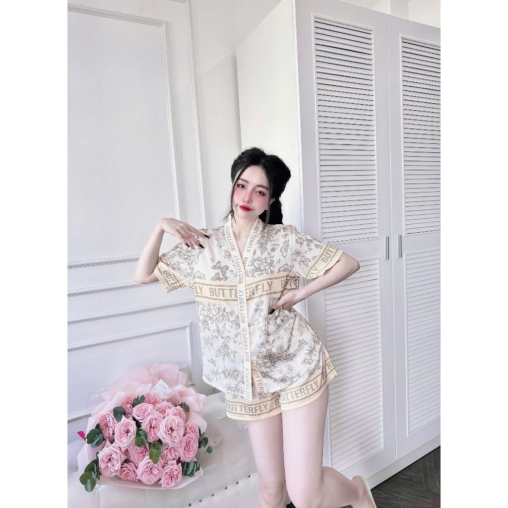 Đồ bộ ngủ nữ quần đùi cổ V chất lụa latin thoáng mát mềm mại dễ chịu s1103 new
