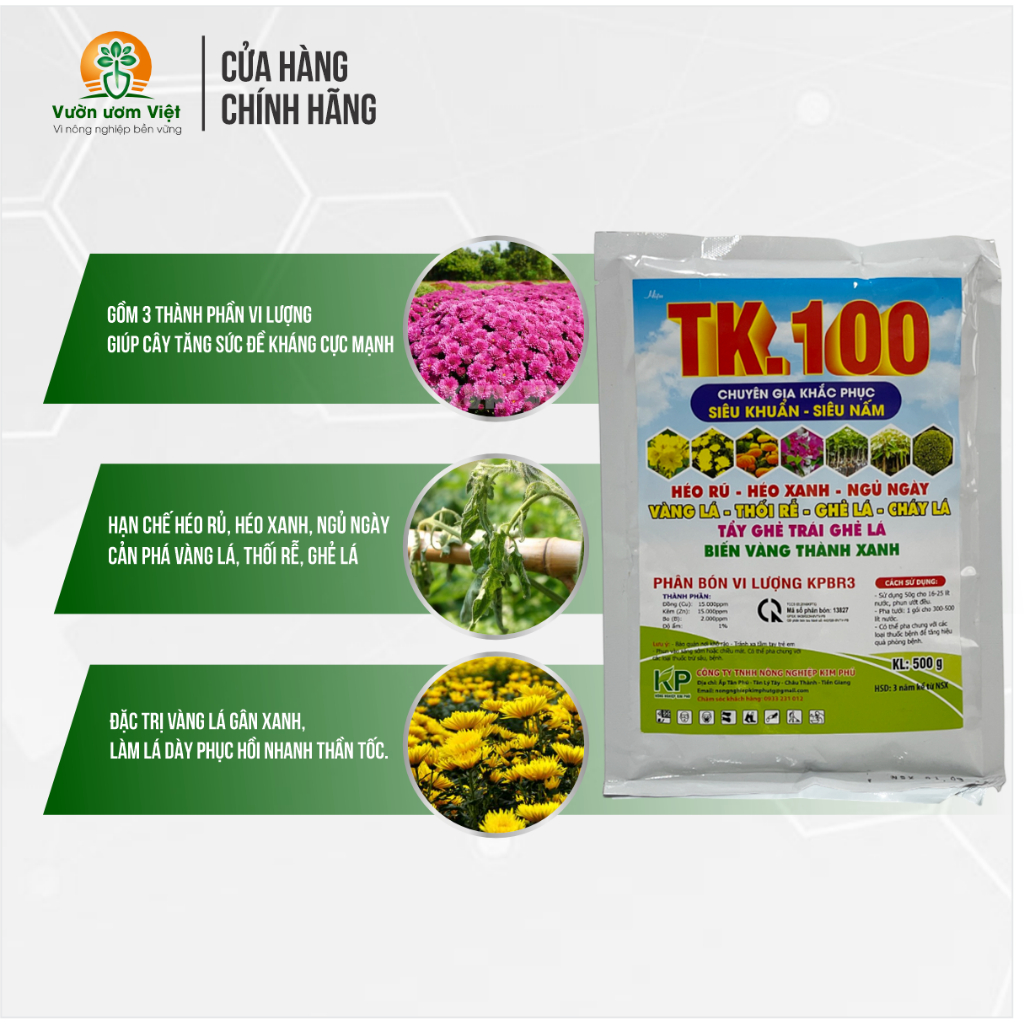 Phân bón TK.100 phục hồi cây trồng, ngăn ngừa héo xanh, ghẻ sẹo, biến vàng lá thành xanh - 500gr
