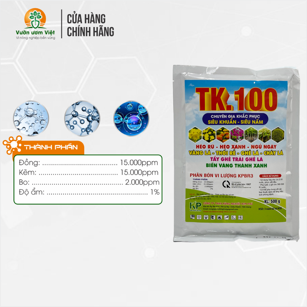 Phân bón TK.100 phục hồi cây trồng, ngăn ngừa héo xanh, ghẻ sẹo, biến vàng lá thành xanh - 500gr