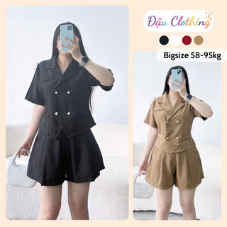 Set Vest Nữ Bigsize, Áo Blazer Tay Ngắn Dáng Croptop Kèm Quần Đùi Ống Rộng Vải Cotton Lạnh SET847