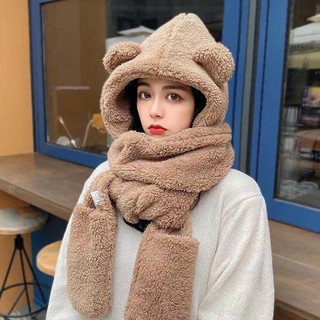 Mũ Len Tai Gấu Trùm Đầu Kèm Khăn Và Bao Tay 3-Trong-1 Mịn Ấm Áp Phong Cách Hàn Quốc Dễ Thương