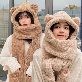 Mũ lông tai gấu dễ thương Mũ sưởi mùa đông len lông mịn cao cấp kèm khăn quàng cổ bao tay chất 3 trong 1