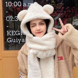 Mũ Len Lông Cừu Tai Gấu Kèm Khăn Quàng Cổ, Bao Tay Giữ Ấm, Trùm Đầu Mềm Mịn Phong Cách Hàn Quốc