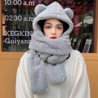 Mũ Len Lông Cừu Tai Gấu Kèm Khăn Quàng Cổ, Bao Tay Giữ Ấm, Trùm Đầu Mềm Mịn Phong Cách Hàn Quốc