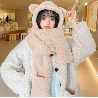 mũ lông tai gấu kèm khăn quàng và bao tay 3in1 ,Kiểu dáng dễ thương, 2 lớp dày dặn giữ ấm